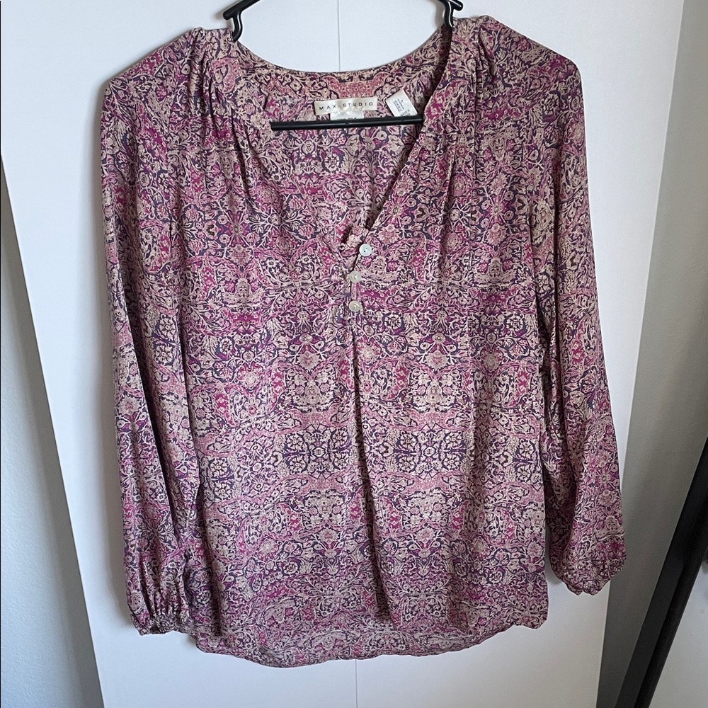 Max Studio Pink and Purple Patterned 100% Silk Blouse